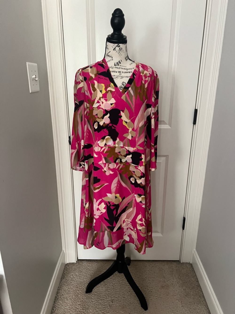 Marc Cain Fuchsia Floral V-Neck Midi Dress